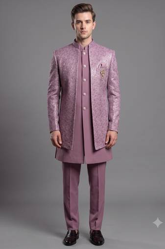 Dusty mauve textured open indowestern suit for men