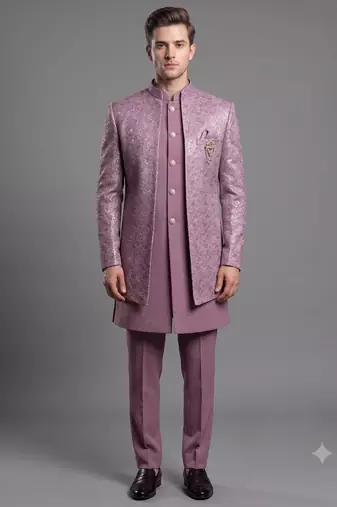 Dusty mauve textured open indowestern suit for men