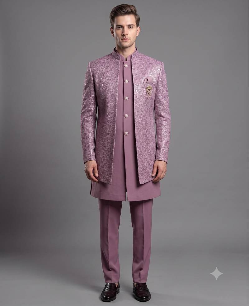 Dusty mauve textured open indowestern suit for men