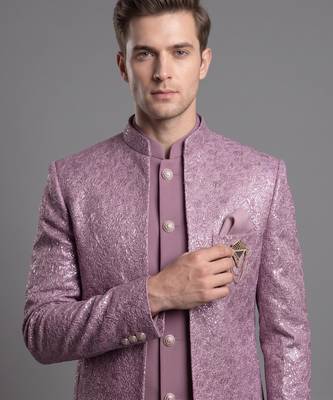 Dusty mauve textured open indowestern suit for men 2