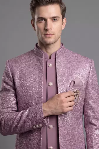 Dusty mauve textured open indowestern suit for men
