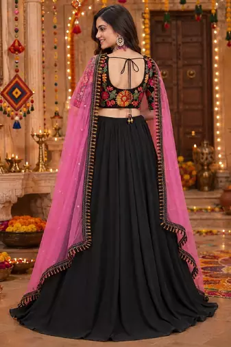 BLACK SEQUINS & EMBROIDERED GEORGETTE LEHENGA CHOLI DUPATTA