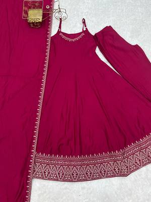 Pink   roman  silk embroidery party wear anarkali  suit set 6
