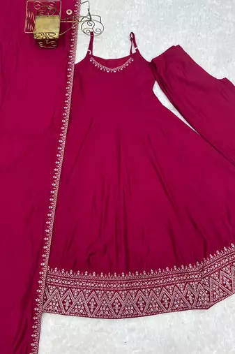 Pink   roman  silk embroidery party wear anarkali  suit set