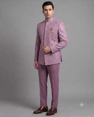 Dusty mauve textured bandhgala suit for men 1