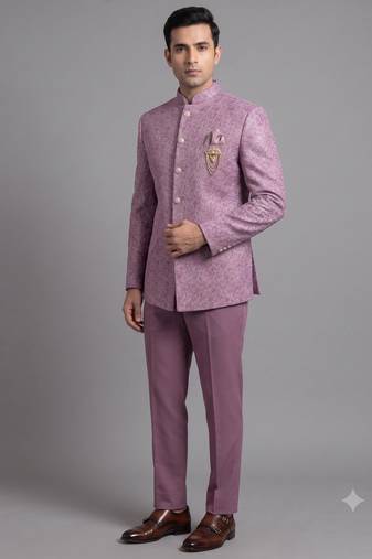 Dusty mauve textured bandhgala suit for men