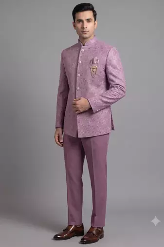 Dusty mauve textured bandhgala suit for men