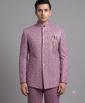 Dusty mauve textured bandhgala suit for men 2
