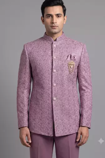 Dusty mauve textured bandhgala suit for men