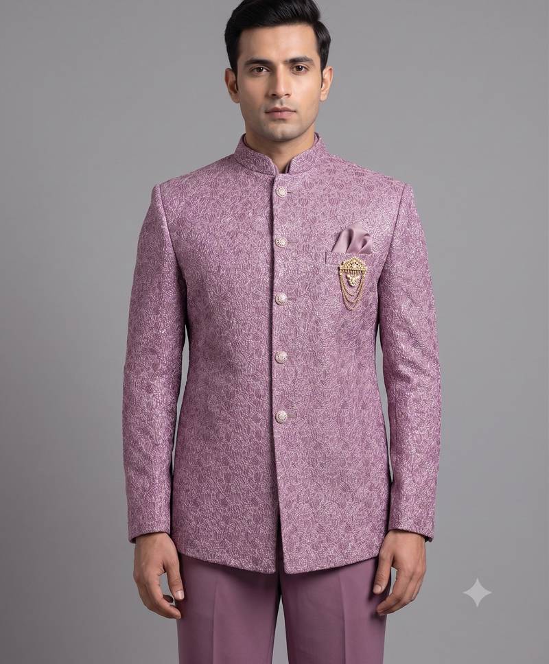 Dusty mauve textured bandhgala suit for men