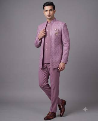 Dusty mauve textured open jodhpuri suit for men 1