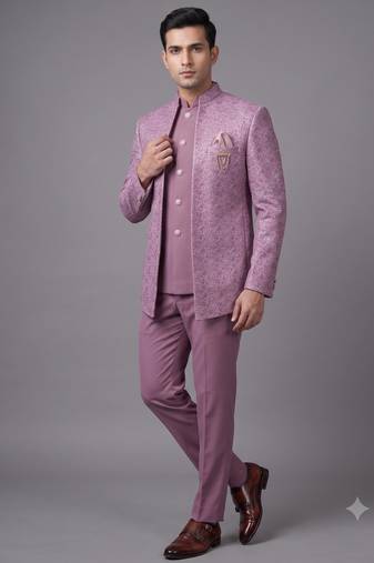 Dusty mauve textured open jodhpuri suit for men