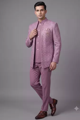 Dusty mauve textured open jodhpuri suit for men