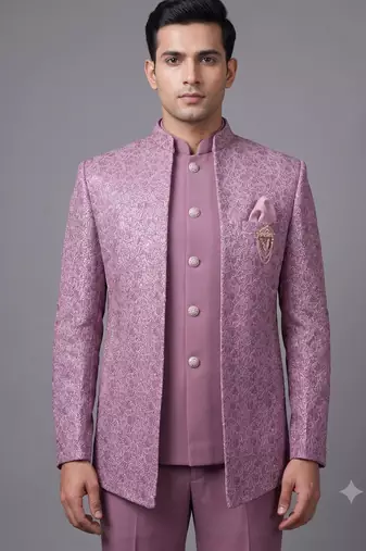 Dusty mauve textured open jodhpuri suit for men