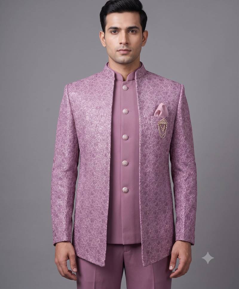 Dusty mauve textured open jodhpuri suit for men