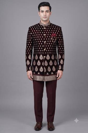 Maroon brocade bandhgala suit for men