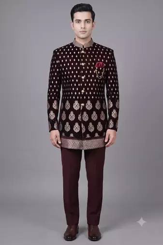 Maroon brocade bandhgala suit for men