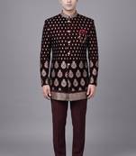 Maroon brocade bandhgala suit for men