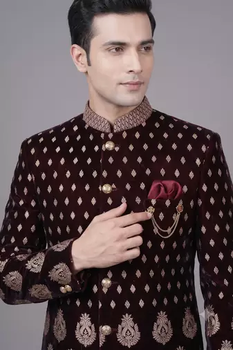 Maroon brocade bandhgala suit for men