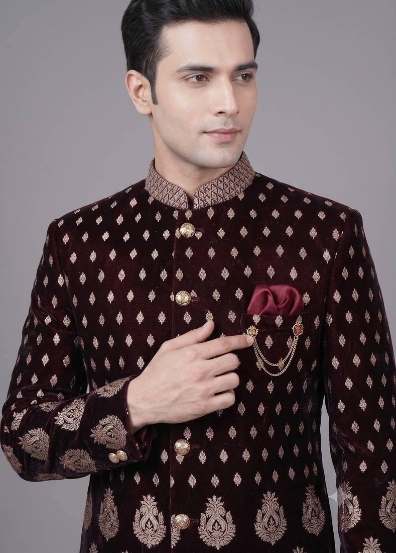 Maroon brocade bandhgala suit for men