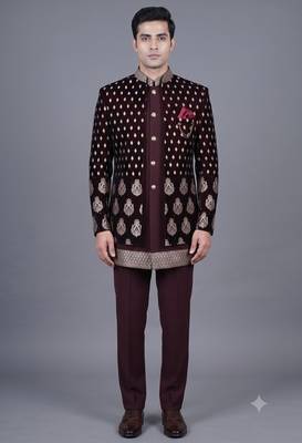 Maroon brocade open jodhpuri suit for men 1