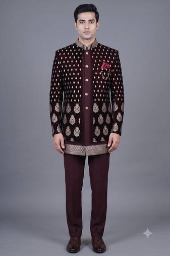 Maroon brocade open jodhpuri suit for men