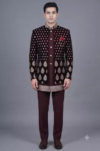 Maroon brocade open jodhpuri suit for men