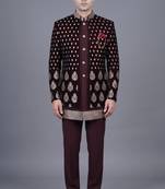 Maroon brocade open jodhpuri suit for men