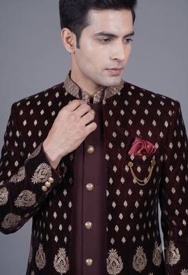 Maroon brocade open jodhpuri suit for men 2