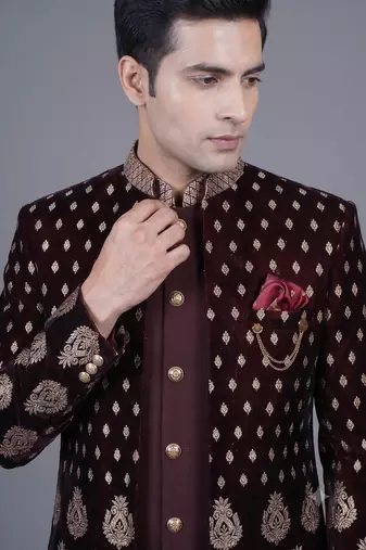 Maroon brocade open jodhpuri suit for men