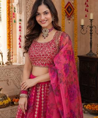 PINK SEQUINS & EMBROIDERED FLORAL PRINT ORGANZA LEHENGA CHOLI DUPATTA 5