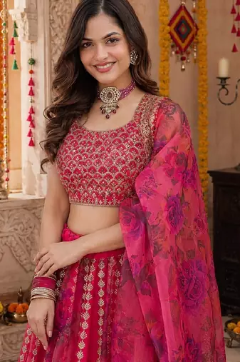 PINK SEQUINS & EMBROIDERED FLORAL PRINT ORGANZA LEHENGA CHOLI DUPATTA