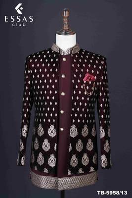 Maroon brocade open jodhpuri suit for men 3