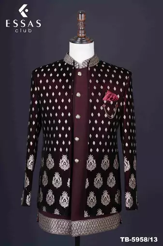 Maroon brocade open jodhpuri suit for men