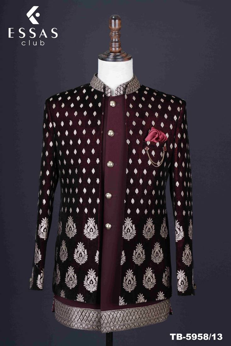 Maroon brocade open jodhpuri suit for men