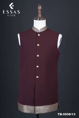 Maroon brocade open jodhpuri suit for men 4
