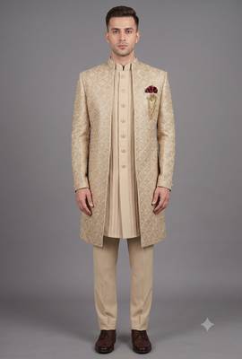 Ivory textured open indowestern suit for men 1