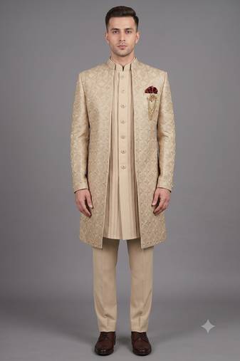 Ivory textured open indowestern suit for men