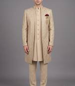 Ivory textured open indowestern suit for men