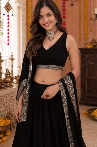 BLACK SEQUINS WORK GEORGETTE LEHENGA CHOLI DUPATTA