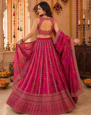 PINK SEQUINS & EMBROIDERED FLORAL PRINT ORGANZA LEHENGA CHOLI DUPATTA 6