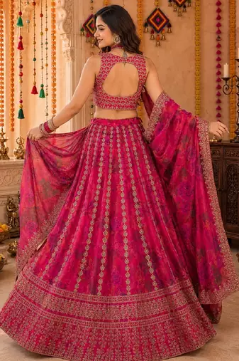 PINK SEQUINS & EMBROIDERED FLORAL PRINT ORGANZA LEHENGA CHOLI DUPATTA
