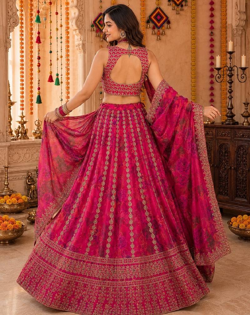 PINK SEQUINS & EMBROIDERED FLORAL PRINT ORGANZA LEHENGA CHOLI DUPATTA