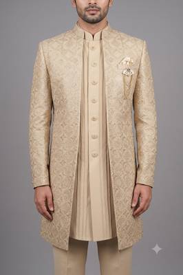 Ivory textured open indowestern suit for men 2