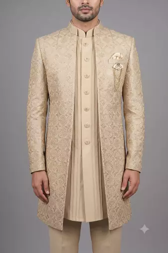 Ivory textured open indowestern suit for men