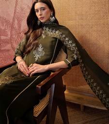 Bottle green chanderi cotton embroidered kurta set.