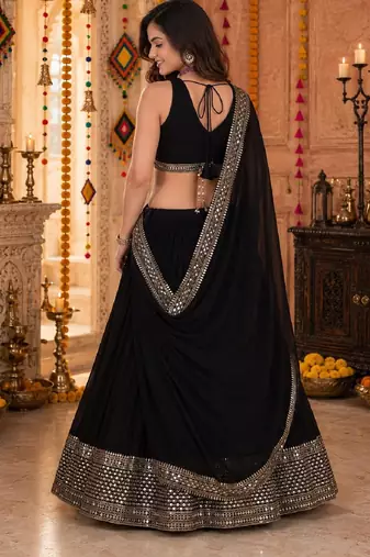 BLACK SEQUINS WORK GEORGETTE LEHENGA CHOLI DUPATTA