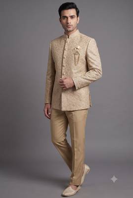 Ivory textured bandhgala suit for men 1