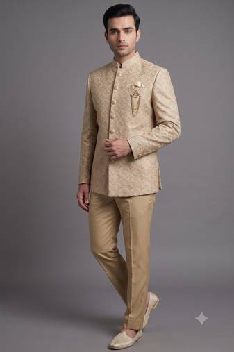 Ivory textured bandhgala suit for men