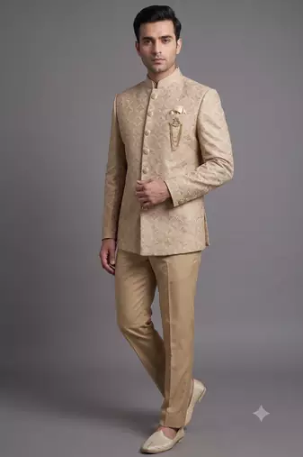 Ivory textured bandhgala suit for men